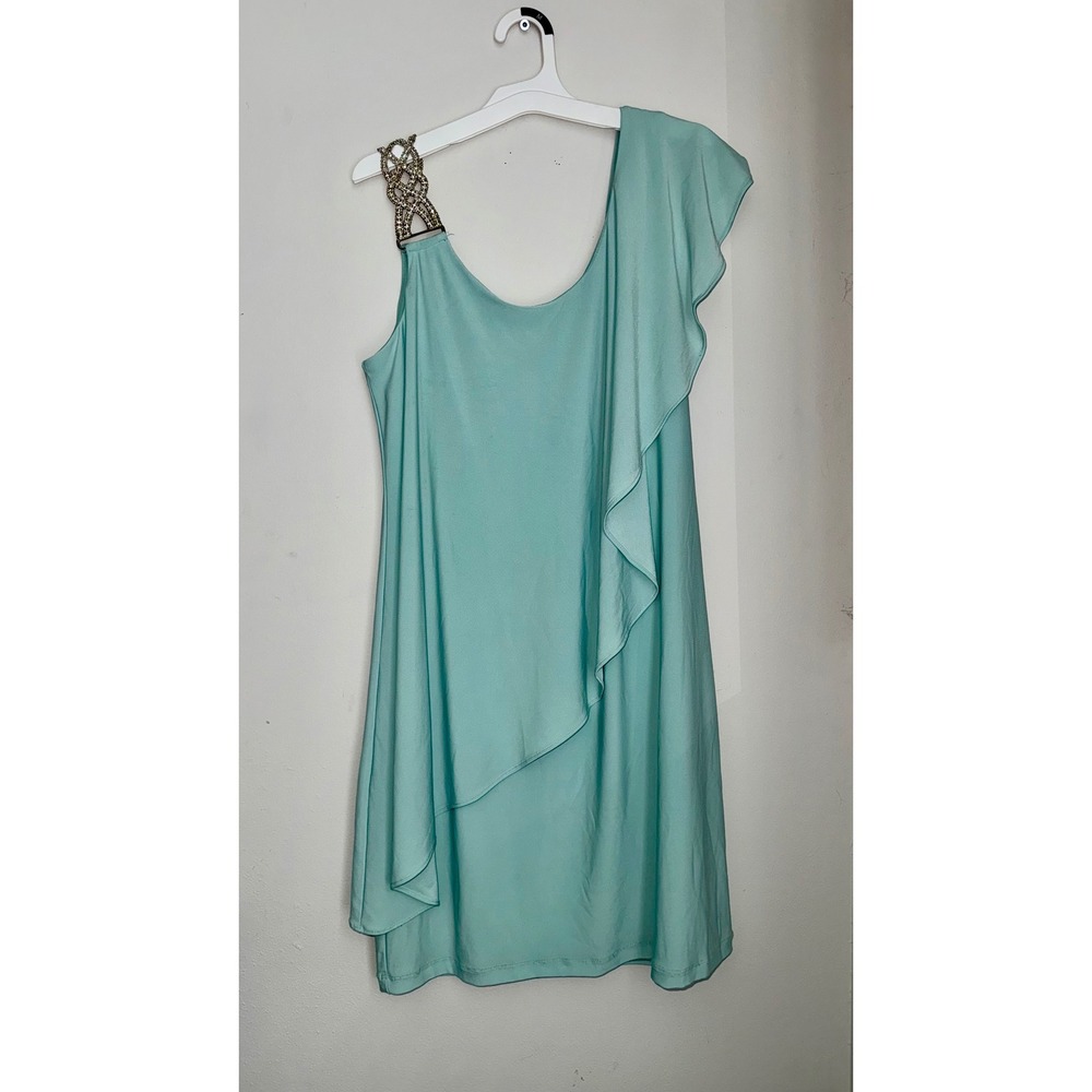 DJ-JAZ Women Aqua Blue One Shoulder Rhinestone Ruffle Cocktail Dress Size 12